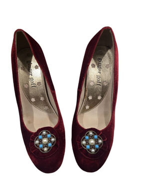 Ginger Goff Burgundy Velvet Heels with Turquoise Size 8.5